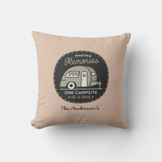 Reversible two-sided, Rustic Camper and Campsite Throw Pillow (Front)