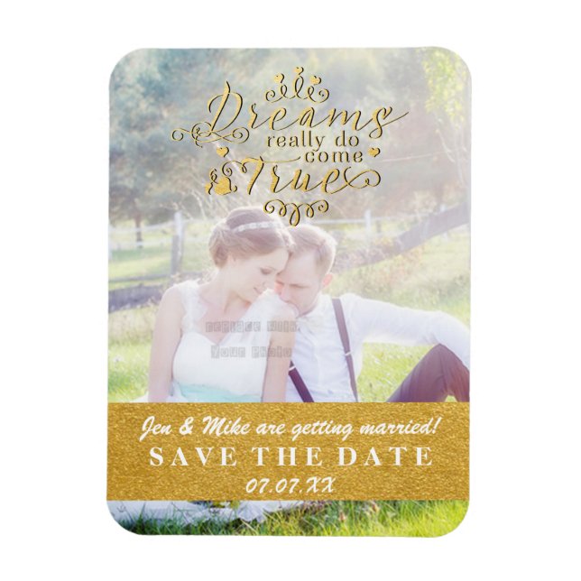 RÊVES VRAI Or Enregistrer la date Magnet photo (Vertical)