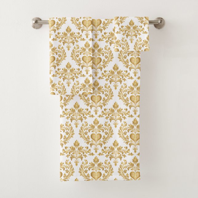 Revêtement blanc & or Damask Coeur Serviette de sa (En situation)