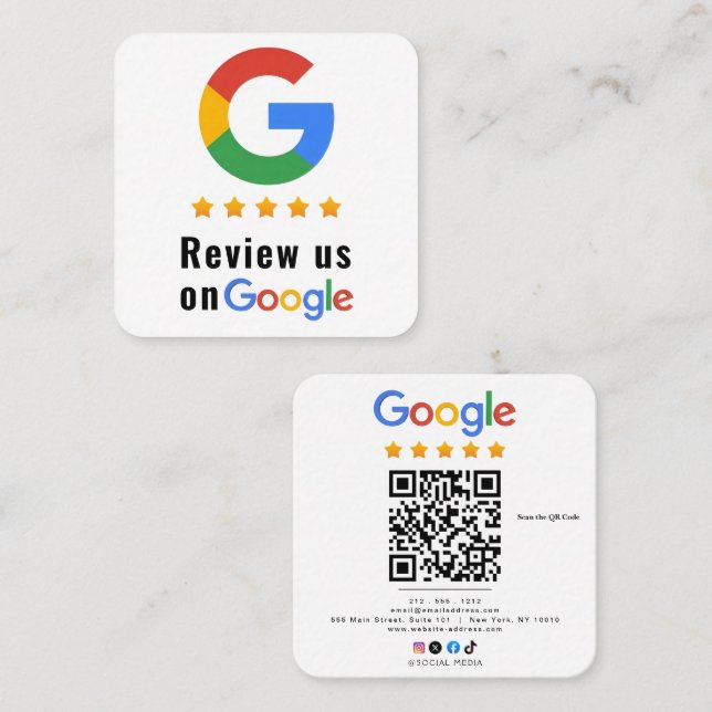 Review Google Review QR Code Google Ratings Square Business Card (Front/Back)