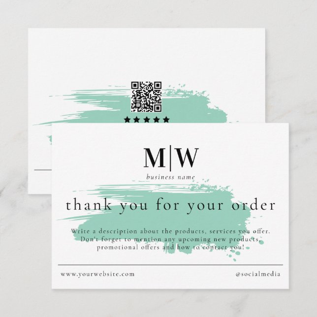 Review Order Packaging Insert Green Monogram Info Thank You Card (Front/Back)