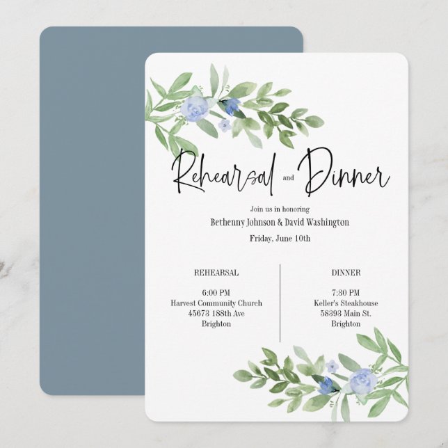 Revue Florale Bleue Et Invitation Dîner (Devant / Derrière)