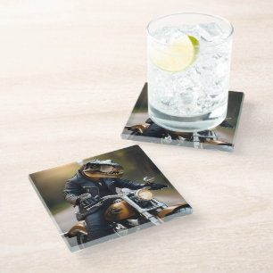 **"Revved Up Rex: T-Rex in Leathers on a Motorbike Glass Coaster