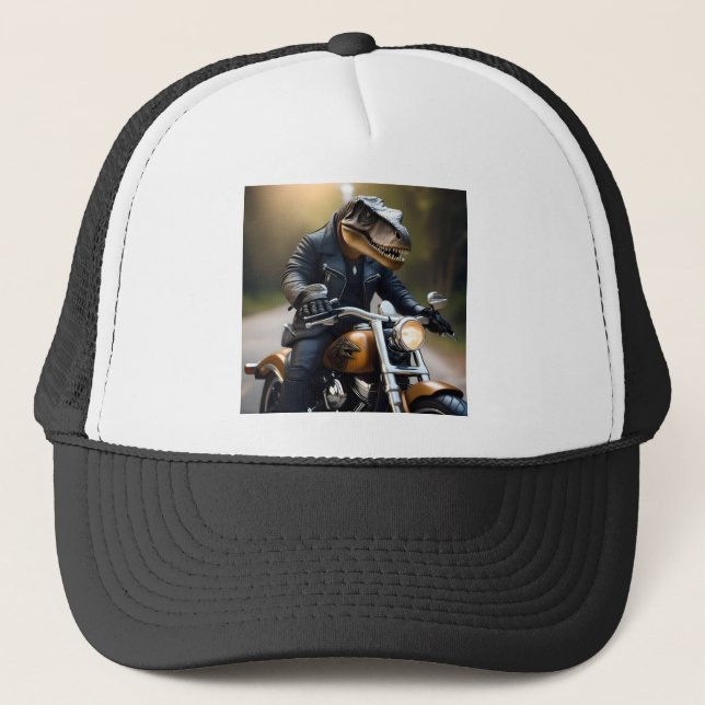 **"Revved Up Rex: T-Rex in Leathers on a Motorbike Trucker Hat (Front)
