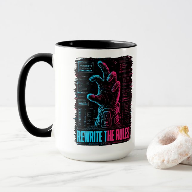 Rewrite The Rules Cyberpunk Tech Coffee Mug (With Donut)