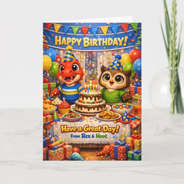 Rex and hoot birthday celebration card (Front)