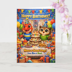 Rex and hoot have a great day birthday party greet card