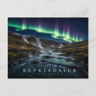 Reykjadalur Steam Valley Hot River Aurora Postcard