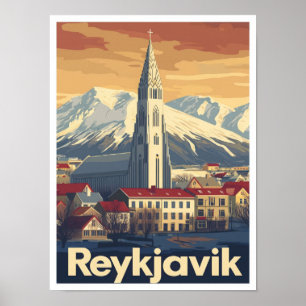 Reykjavik Iceland Art Vintage Travel Illustration Poster