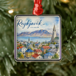 Reykjavik Iceland souvenir watercolor  Metal Ornament