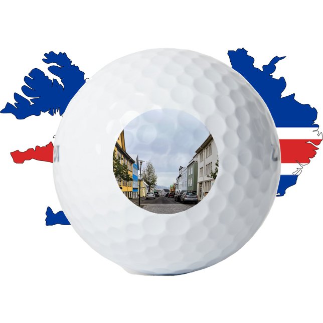 Reykjavik Iceland Street Scene Photograph Golf Balls (A golf ball with a photograph of a city street in Reykjavik, Iceland.  Mount Esja can be seen.)