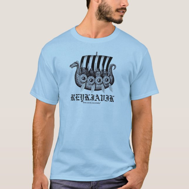 Reykjavik Iceland t-shirt with vikings in drekar (Front)