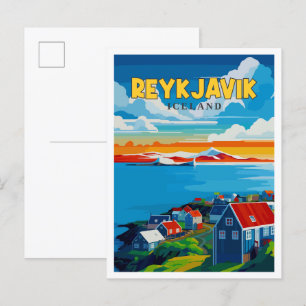 Reykjavik Iceland vintage travel illustration Postcard