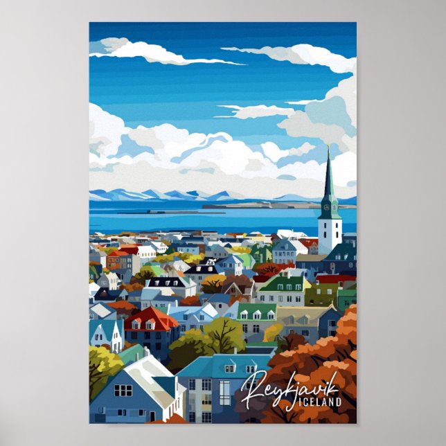 Reykjavik Iceland vintage travel illustration Poster (Front)