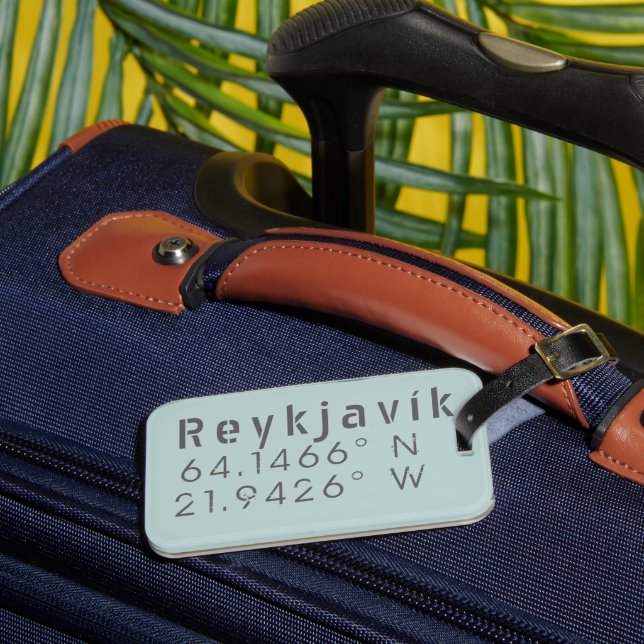 Reykjavik Latitude & Longitude Luggage Tag (Front Insitu 3)