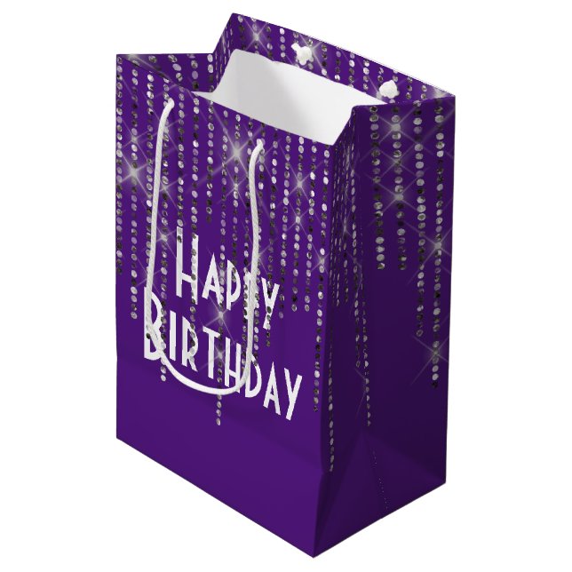 Rhinestone Bling Birthday Purple Medium Gift Bag (Front Angled)