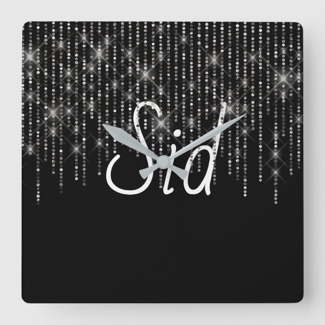 Rhinestone Bling with Name Square Wall Clock (Front)