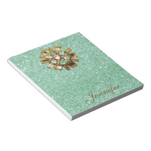 Rhinestone Broach Green Faux Glitter Notepad