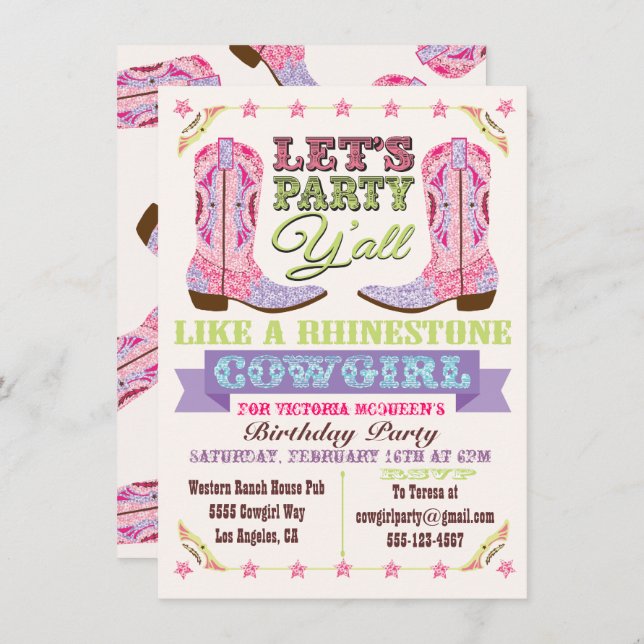 Rhinestone Cowgirl Birthday Party Invitations (Front/Back)