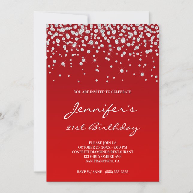 Rhinestone Diamonds Red Gradient 21st Birthday Invitation (Front)