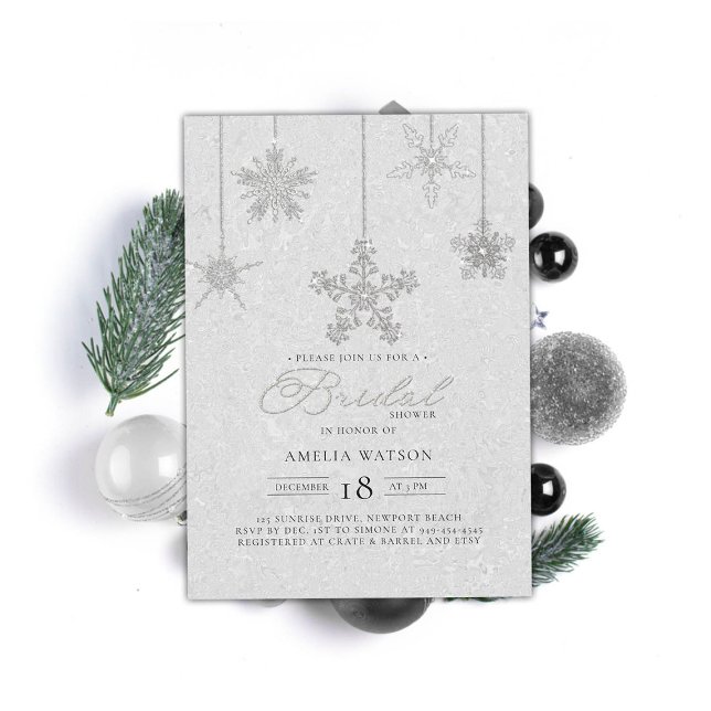 Rhinestone Snowflakes White Winter Bridal Shower Invitation (rhinestones bridal shower invitation glitter snowflakes black white modern festive classy bling chic)