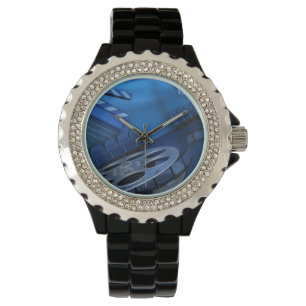 Rhinestone with Black Enamel Watch Blue Film Reel