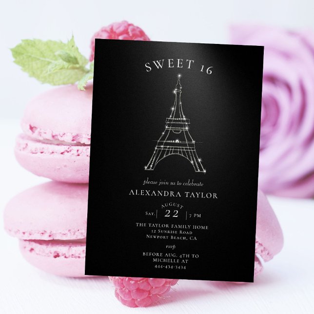 Rhinestones Eiffel Paris Black Minimal Sweet 16 Invitation (Creator Uploaded)