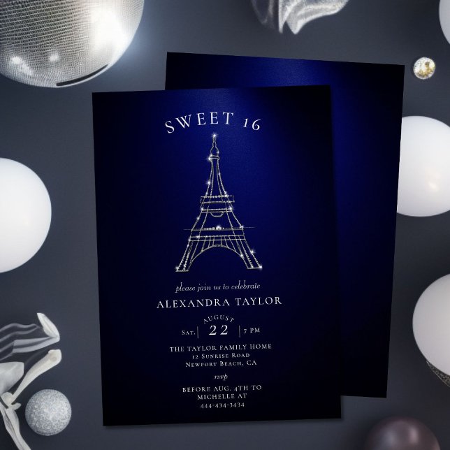 Rhinestones Eiffel Paris Navy Minimal Sweet 16 Invitation (Creator Uploaded)