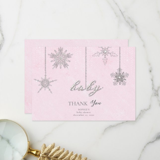 Rhinestones Glitter Snowflakes Pink Winter Baby Thank You Card (Front/Back In Situ)