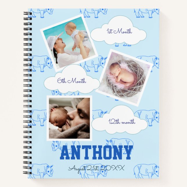 Rhino 1st birthday Baby Milestone Guest  Notebook (Front)