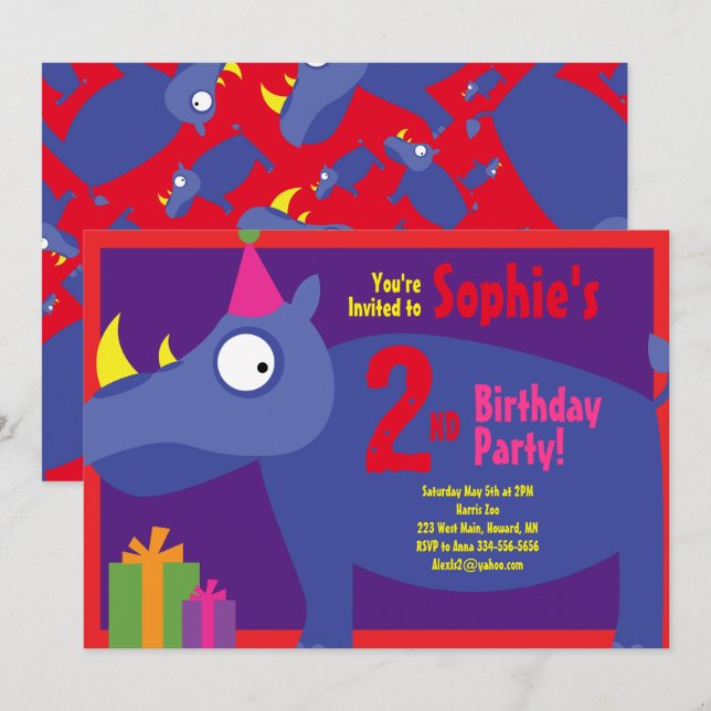 Rhino Animal Kid's Birthday Party Invitations (Front/Back)
