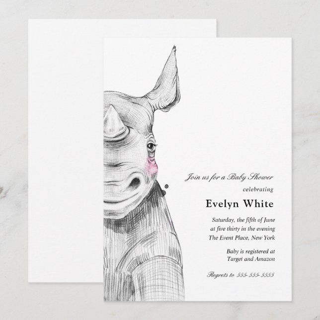 Rhino aquarelle | invitation Baby shower (Devant / Derrière)