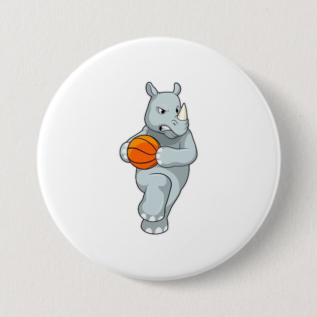 Rhino as Basketball player with Basketball 3 Inch Round Button (Front)