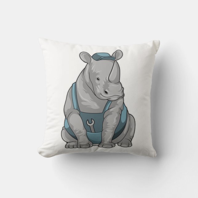Rhino as Craftsman with Wrench Throw Pillow (Front)