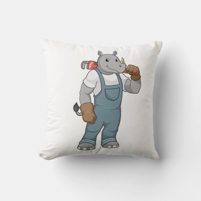 Rhino as Handyman with Water pump pliers Throw Pillow (Front)