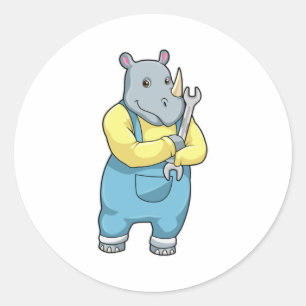 Rhino as Mechanic with Wrench Classic Round Sticker