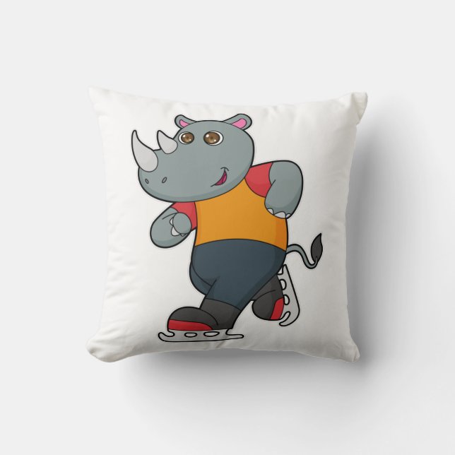 Rhino at Ice skating with Ice skates Throw Pillow (Front)