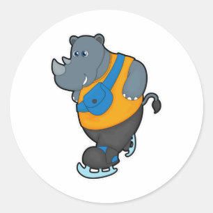 Rhino at Ice skating with Sling bag Classic Round Sticker