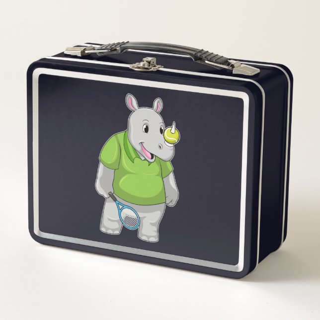 Rhino at Tennis with Tennis ball Metal Lunch Box (Front)