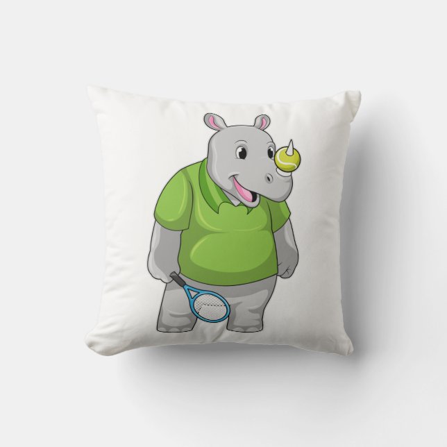 Rhino at Tennis with Tennis ball Throw Pillow (Front)