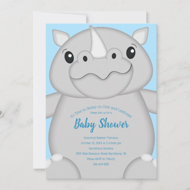Rhino Baby Shower Blue Invitation (Front)