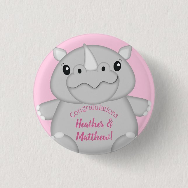 Rhino Baby Shower Safari Pink Girl 1 Inch Round Button (Front)