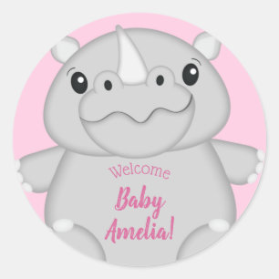 Rhino Baby Shower Safari Pink Girl Classic Round Sticker