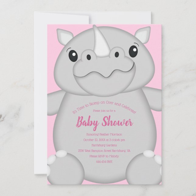 Rhino Baby Shower Safari Pink Girl Invitation (Front)