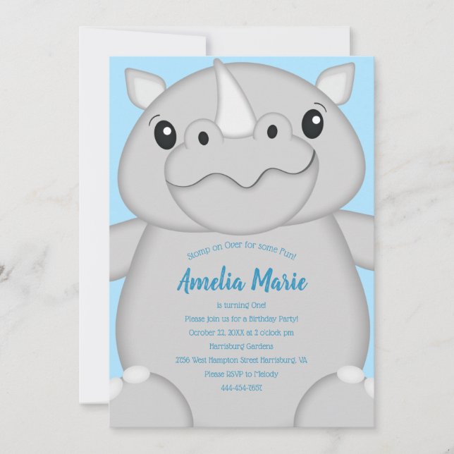 Rhino Birthday Party Blue Invitation (Front)