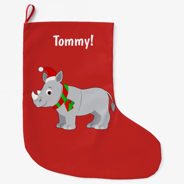 Rhino Dressed Up for Christmas! Large Christmas Stocking (Front)