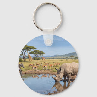Rhino Drinking At Waterhole In Savanna Photo Enlar Keychain