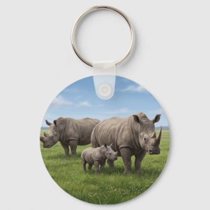 Rhino Family Walking In Green Savanna Photo Enlarg Keychain