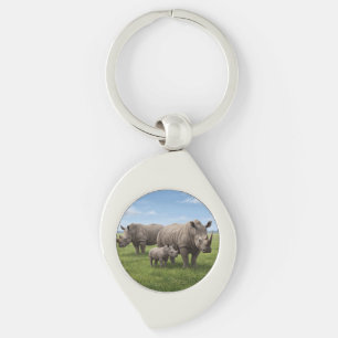 Rhino Family Walking In Green Savanna Photo Enlarg Keychain