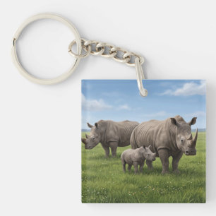Rhino Family Walking In Green Savanna Photo Enlarg Keychain